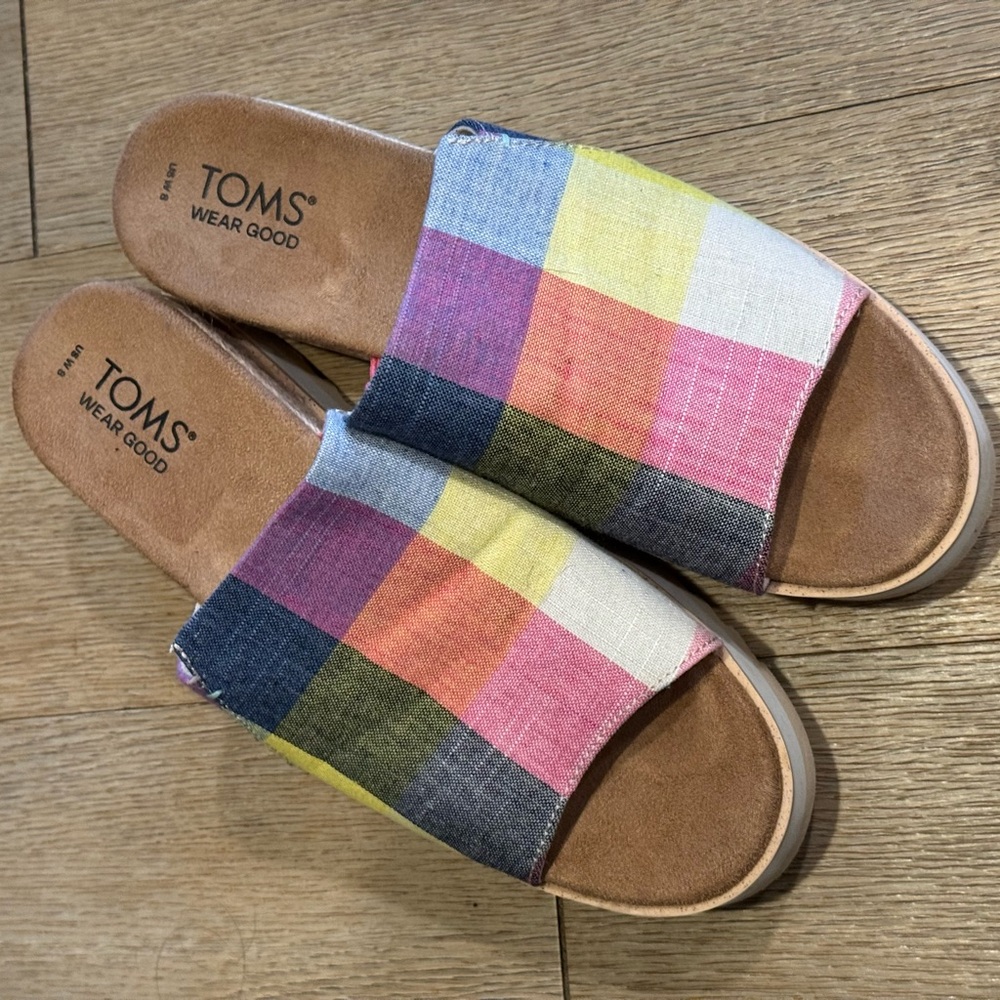 TOMS Diana Multicolor Picnic Plaid Slide Sandals Wedge Size 8 - Picture 10 of 15